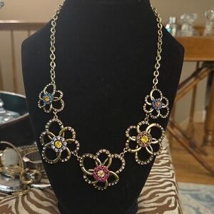 Oscar de la Renta Gold Necklace with Multicolor Floral Design
